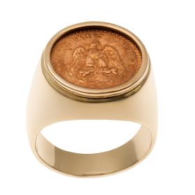 Hochwertiger Unisex-Ring aus 14-karätigem Gold als Fassung für die mexikanische Münze mit 90 Prozent Feingehalt. Die Schauseite der Münze zeigt den dem mexikanischen Wappen entsprechenden Adler,
