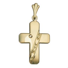 Anhänger in Form eines Kreuzes in 14-karätigem Gelbgold. Das Schmuckstück fasst einen Zirkonia und über den Längsbalken des Kreuzes verläuft eine diagonale Linie mit einem Dekor. 