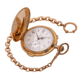 Schweizer Savonette mit Chronograph und 1/4 Stunden Repetition mit Uhrenkette in 585er Gold um 1900, Patent 13244