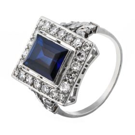 Antiker Jugendstil-Ring aus 950er Platin mit synthetischem Saphir und 22 Diamanten