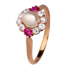Berührender Antiker Ring mit Rubinen, Alschliffbrillanten und Perle