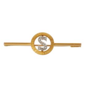 Stabförmige Vintage Ehrennadel für 40 treue Jahre im Gesangsverein in 14-karätigem Gold. Das Schmuckstück hat einen mit 12 Diamantrosen besetzten Buchstaben S in Weißgold.