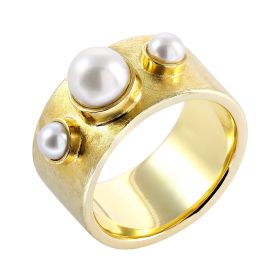 Massiver Designer-Ring in 585er Gelbgold mit einer großen und zwei kleinen Zuchtperlen