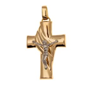 Kreuzanhänger - wohl aus Italien - in 18-karätigem Gold. Das hochglanzpolierte Schmuckstück ist mit einem reliefähnlichen Dekor versehen. Darüber ziert ein gekreuzigter Jesus den Anhänger.